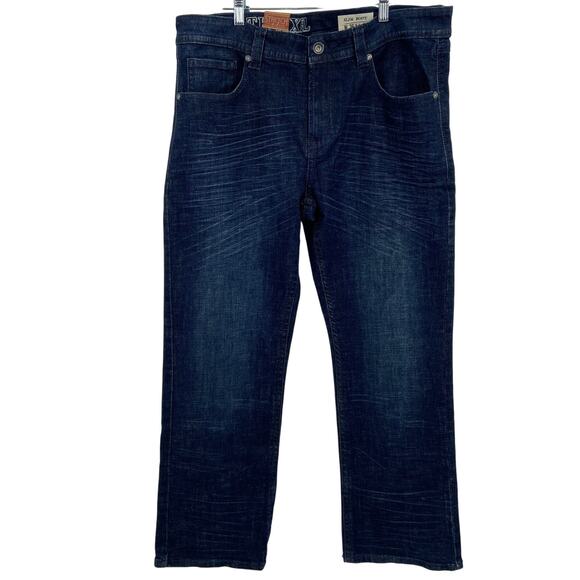 TK Axel Slim Boot Jeans Men's 36 x 32 Stretch Denim Dark Wash Distressed - Picture 1 of 13